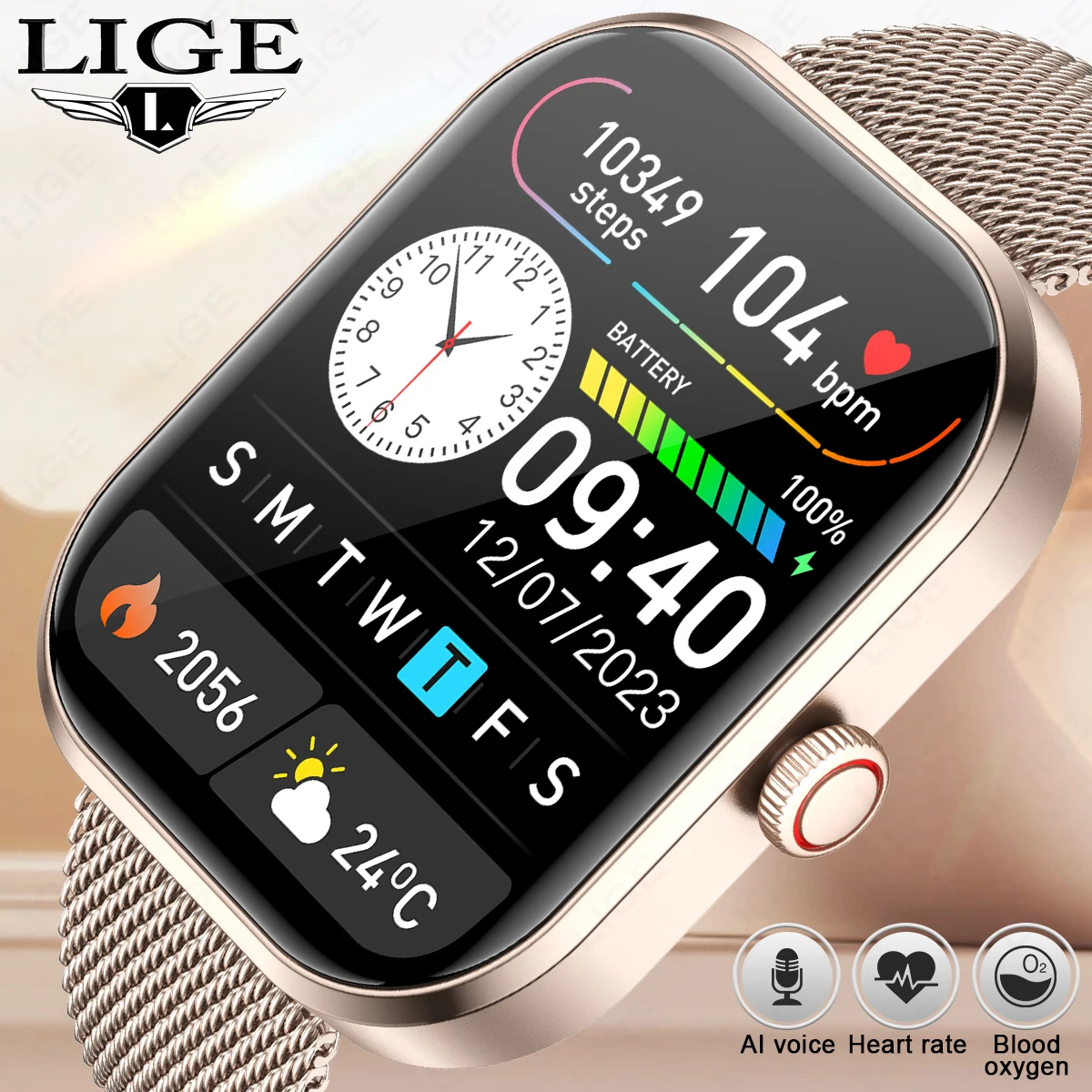 

LIGE Smart Watch Women 2.01” HD Screen Custom Watch Face Bluetooth Call Women's Health Monitoring IP67 Waterproof Smartwatch Men