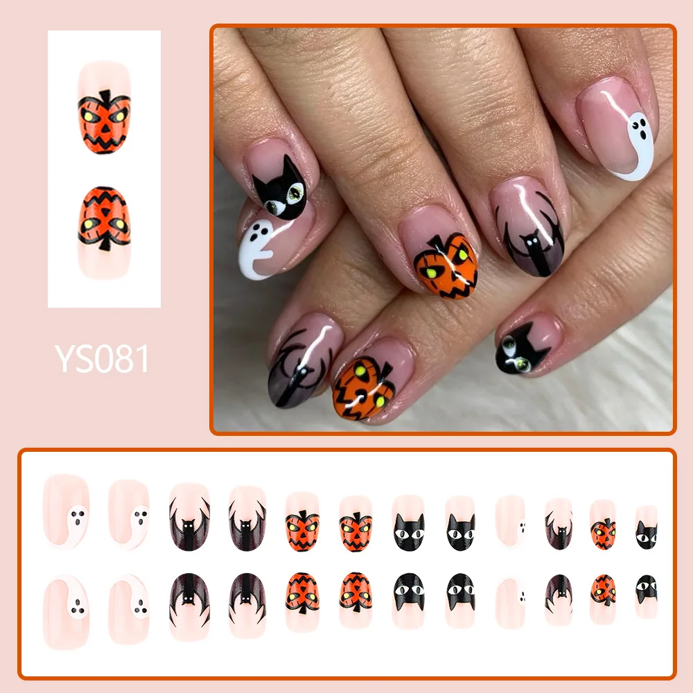 24 Pcs/Box New Halloween False Nails Short Bright Almond Shaped Wearable Nails Pumpkin Bat Party False Nails Reusable