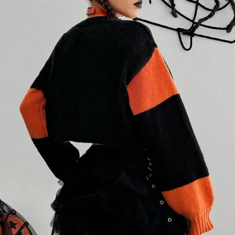 Women Halloween Cropped Cardigan Pumpkin Ghost Embroidered Long Sleeve Open Front Knitted Tops for Winter Fall