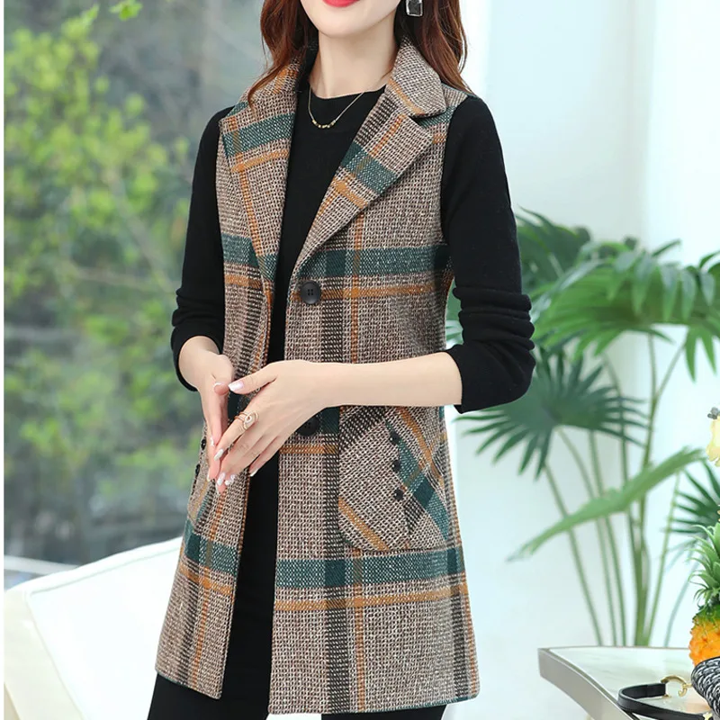 #0716 Vintage Sleeveless Blazer Women Single Breasted Slim Middle Age Women\'s Vest Waistcoat Plaid Vest Coat Femme Spring Autumn