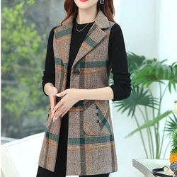 #0716 Vintage Sleeveless Blazer Women Single Breasted Slim Middle Age Women's Vest Waistcoat Plaid Vest Coat Femme Spring Autumn