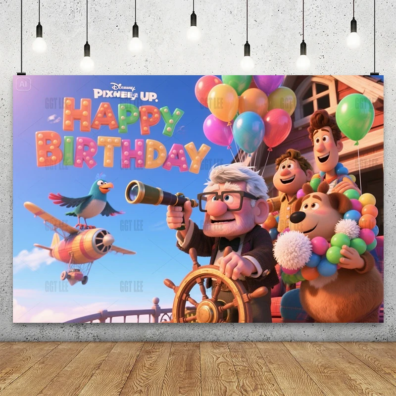 

Disney UP Flying House Backdrop - Carl Russell Dug Vinyl Decor Happy Birthday Photography Background Custom Photo Banner