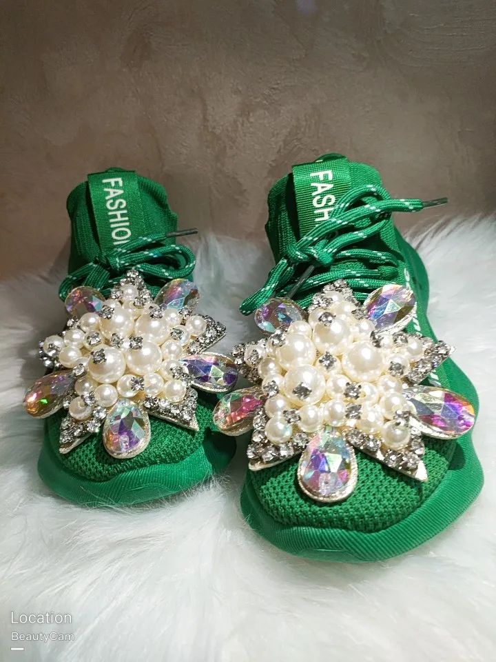 Luxury Crystal Gemstone Green Sock Shoes European Station Thailand Little Red Book East Gate Trendy Style