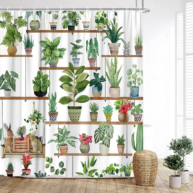 Grüner Pflanzen-Duschvorhang, tropische Pflanze, Bonsai, Kaninchen, Kaktus, Badvorhänge, Polyestergewebe, Heim- und Badezimmerdekoration mit Haken