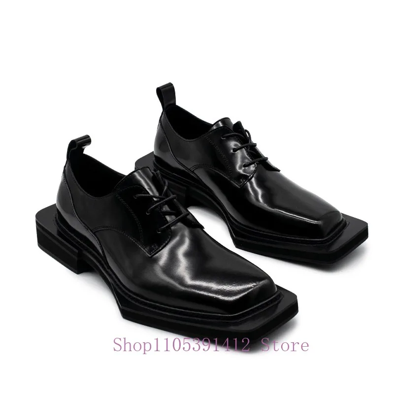 Square Toe Genuine Leather Oxford Shoes Lace Up Geometric Platform Sole Derby Shoes Men Fashion Black Glossy Casual Shoes