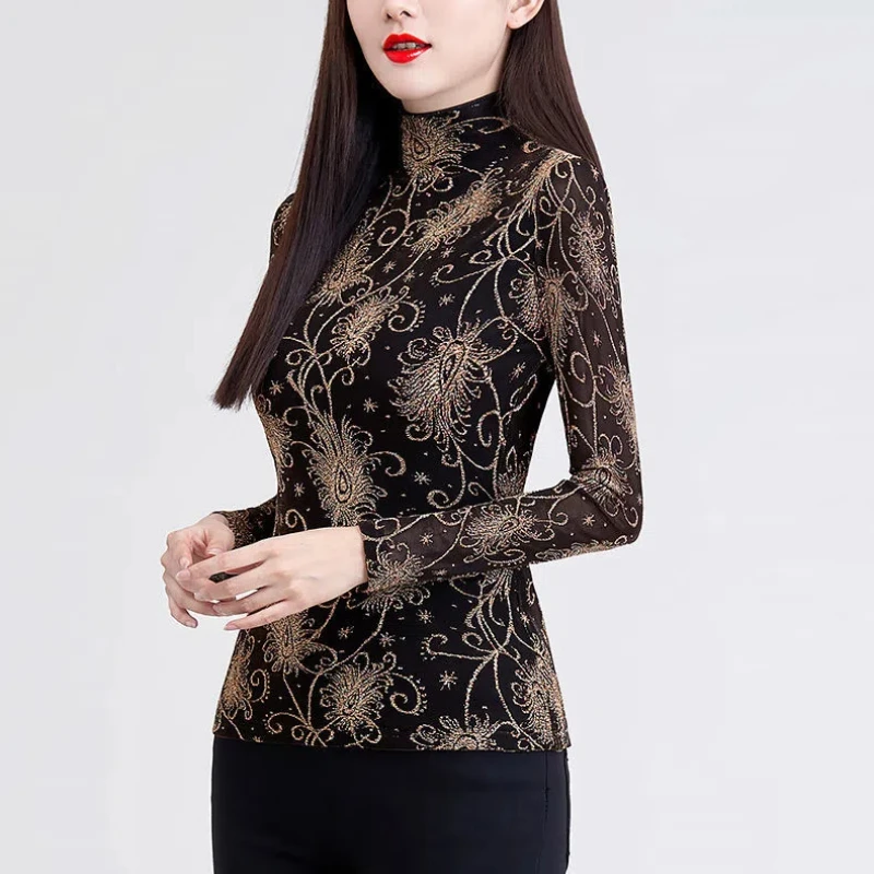 Gauze Half High Collar Women\'s Spring and Autumn 2024 New Splicing Printed Lace Fashion Minimalist Casual Long Sleeve Tops