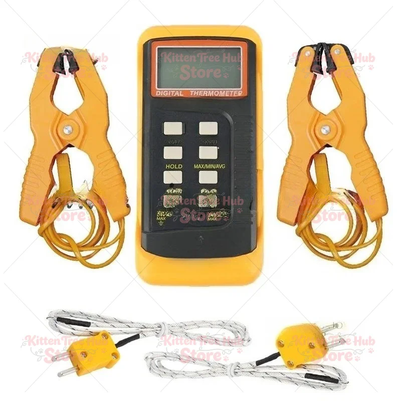 Digital K Type Thermocouple Thermometer(-50-1300°C) Dual Channel, 2 Thermometer Pipe Clamp