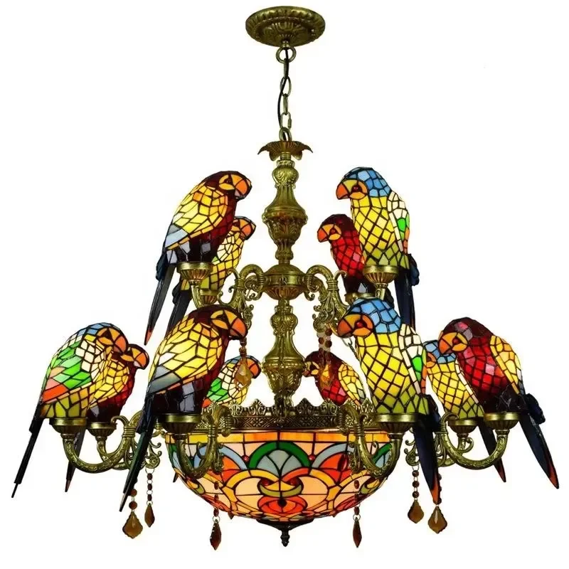 Custom Retro Stained Glass Parrot Chandelier Crystal Bird Pendant Light for Villa Bar Restaurant Living Room Decor