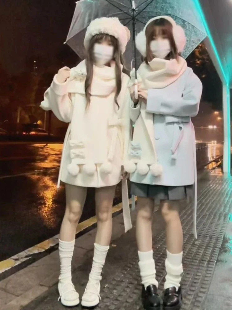 2025年冬新作 ベア柄スカーフ付き 雰囲気のある和風 ソフトガール ミドル丈 ウールコート 甘くて可愛いセット レディースファッション