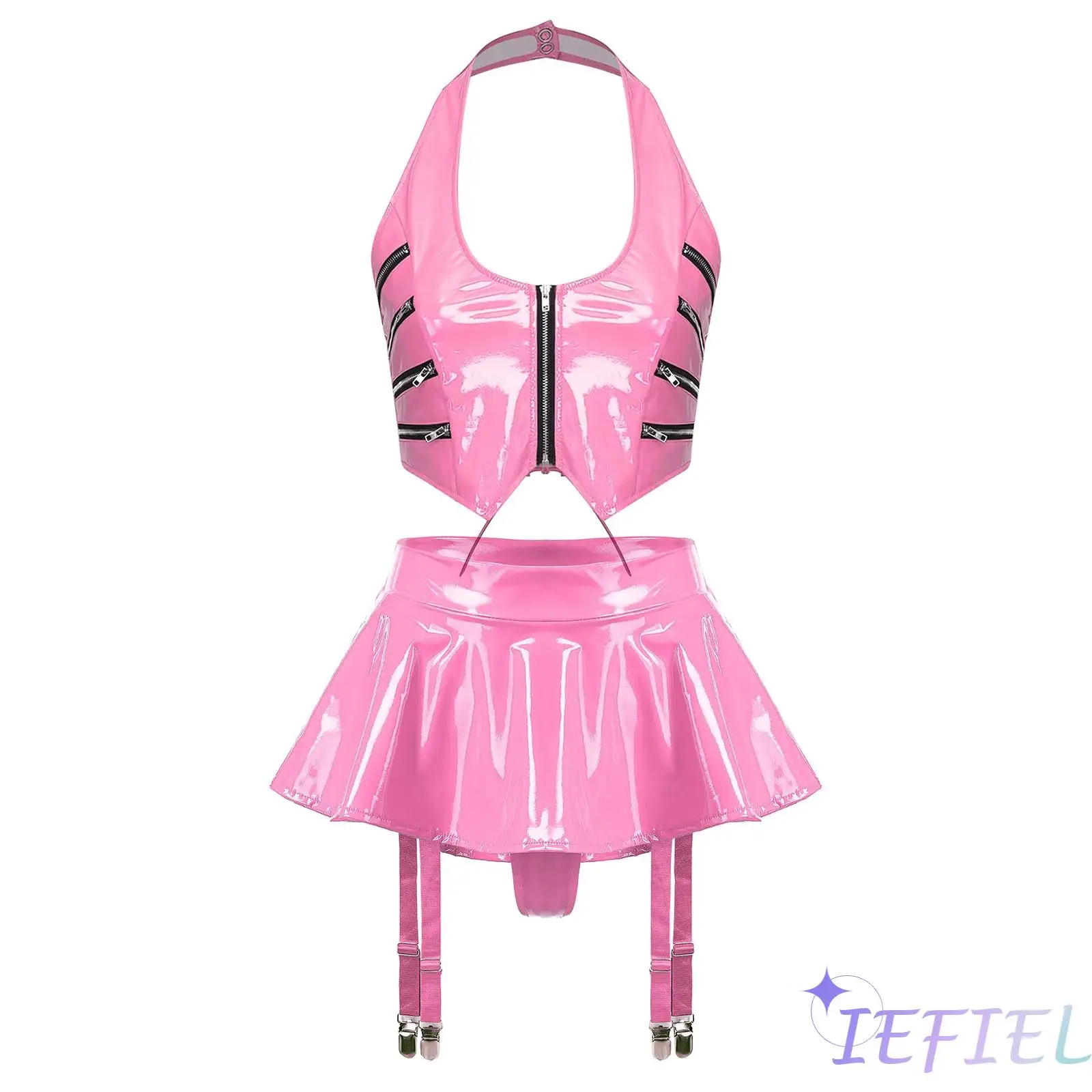 

Adults Women PU Leather Disco Party Clubwear Set Wet Look Glossy Halter Back Lace Up Crop Top with Miniskirt and Garter Clips