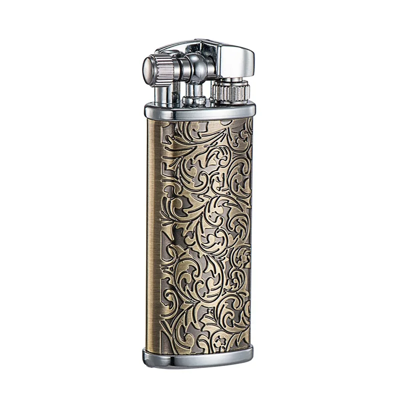 Vintage Engraved Pattern Flint Lighter, Open Flame, Metal, Raised Arm, Grinding Wheel Ignition, Men\'s Gadgets