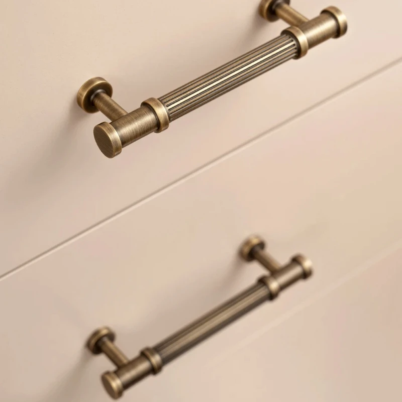 Solid Brass Antique Furniture Handle with Ribbed Romantic Bronze Bar Counter Cabinet Handle Wardrobe Door Copper Knob Hardware