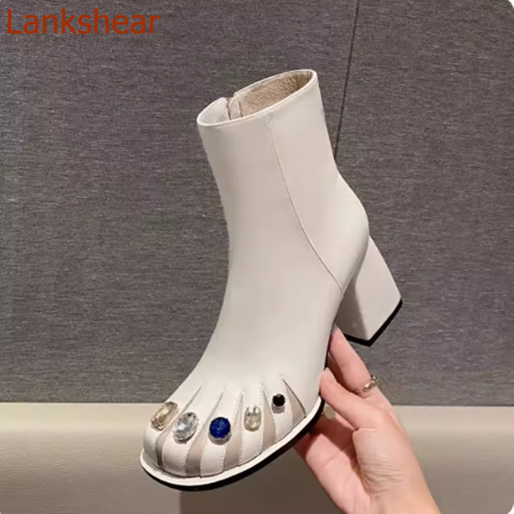 

Round Toe Square Heel Women Boots Solid Side Zipper Fashion Casual Sexy Party Rhinestones Mid Calf Women Shoes 2024 New Arrivals