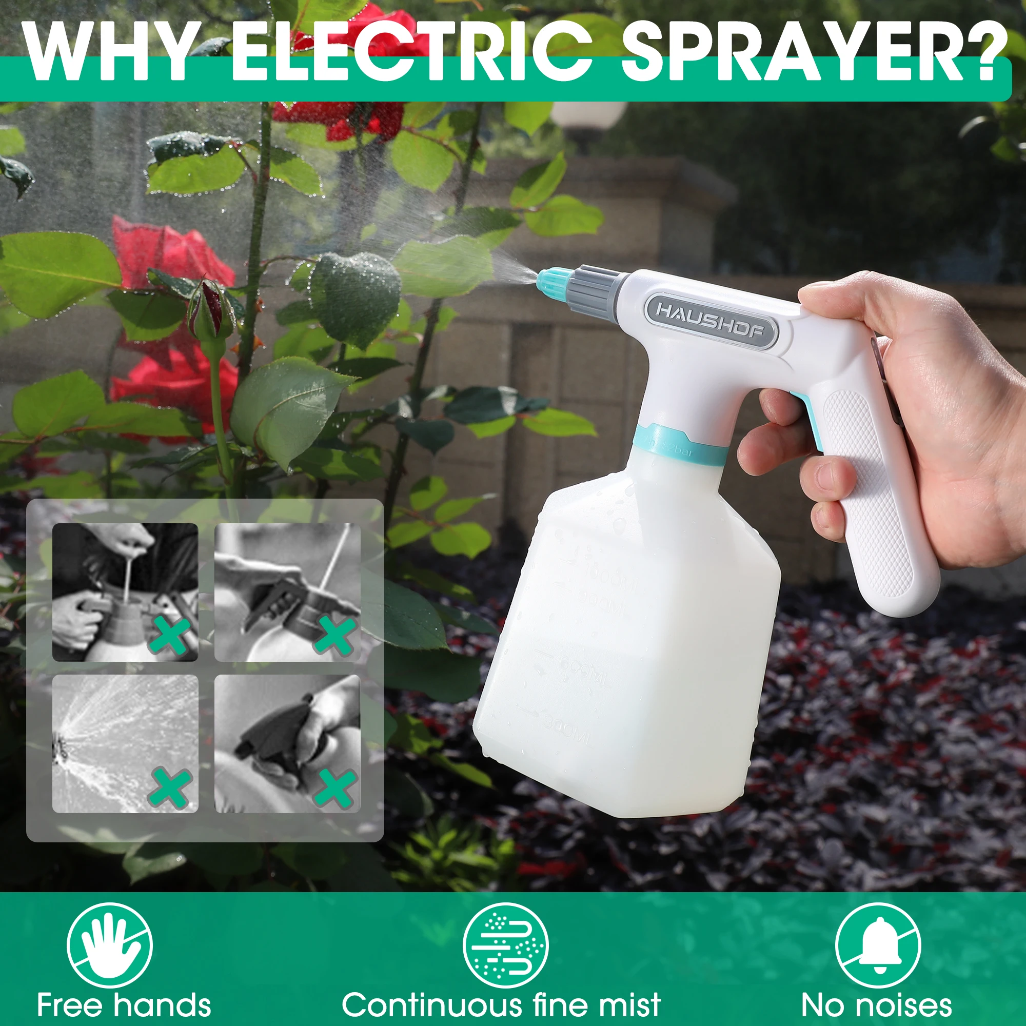 HAUSHOF 1L 3.6V Garden Rechargeable Electric Watering Can Plant Watering Portable Spray Bottle Indoor Sterilization Sprayer