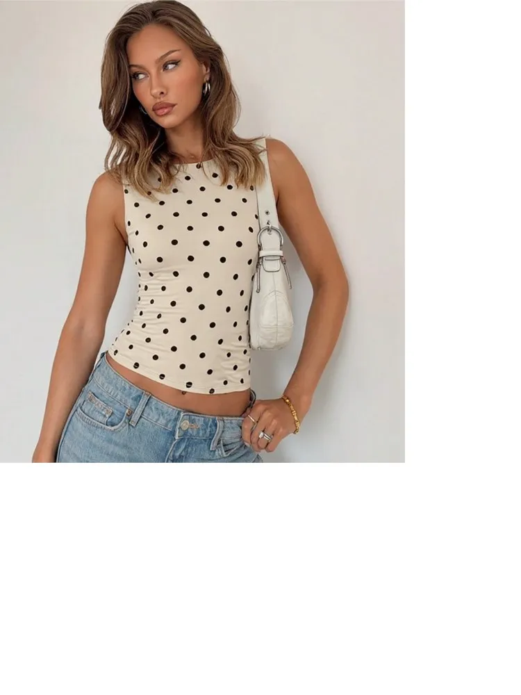 

Summer Blusas T Shirt Tees Tops Women's Clothing Temperament Casual Hot Girl Style Sleeveless Slim Polka Dots Printed All-match