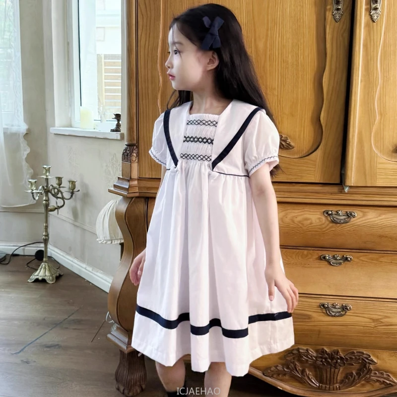 Teen Girl Clothes Children White Vintage Navy Hand Smocked Costume Kids Girls Short Sleeve Dress Korean Simple Casual Dresses