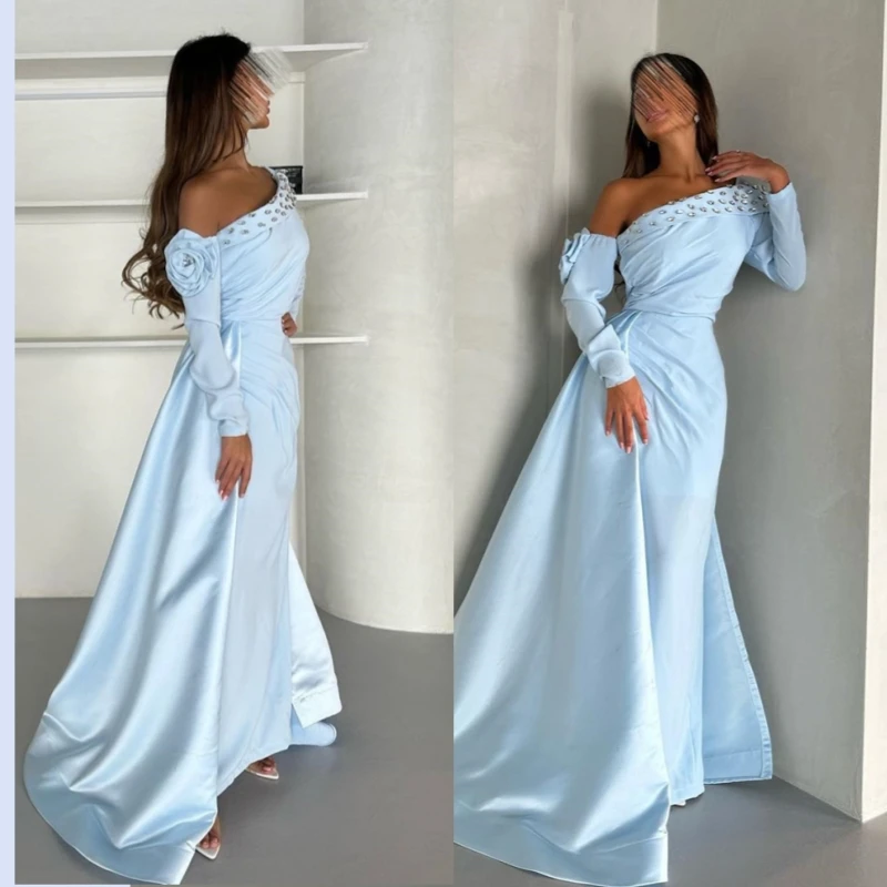 

Floor Length Asymmetrical Prom Dresses Eleagnt One-Shoulder Sheath Party Dress Court Sleeve Satin Fashion Formal Evening Gowns