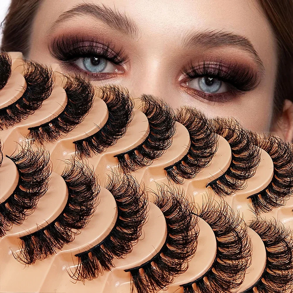 10 Pairs Russian Strip Lashes Dramatic Fluffy False Lashes Faux Mink Wispy Look Messy False Eyelashes