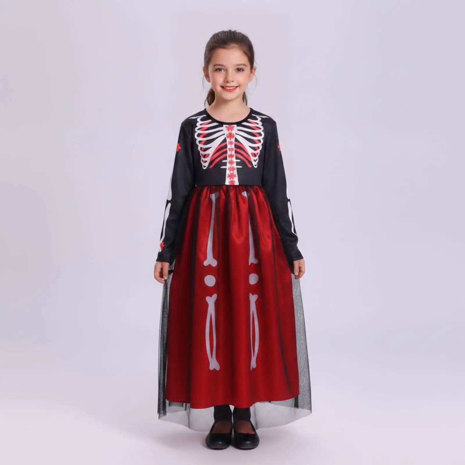 Vestido de Halloween com estampa de esqueleto para meninas, fantasia de manga comprida para festas e eventos.