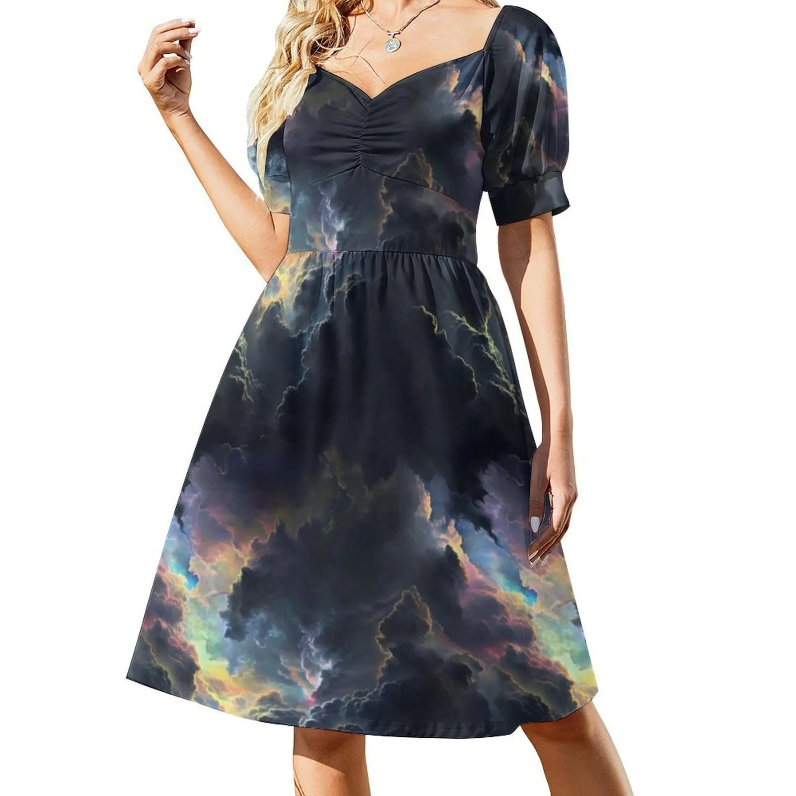 真珠光沢のある雲 レディース エレガント パーティードレス Aラインドレス ショート/ロング/ノースリーブオプション付き 人工虹色 カラフル