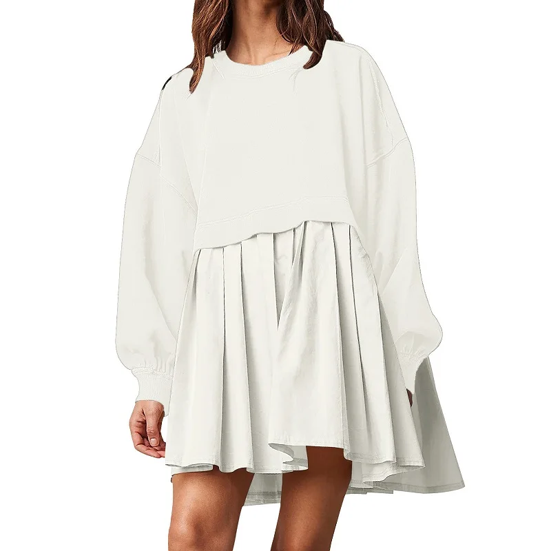 

Autumn And Winter New Style Elegant Womens Color Long Sleeve Patchwork Loose Pleated Hoodie Dress Y2k Fashion Casual Trend Dress