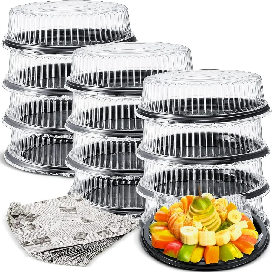

12 Pack Heavy Duty Reusable Plastic Serving Trays with Clear Lids and 24 Pcs Deli Wax Paper Sheets Set for Large Party Platters