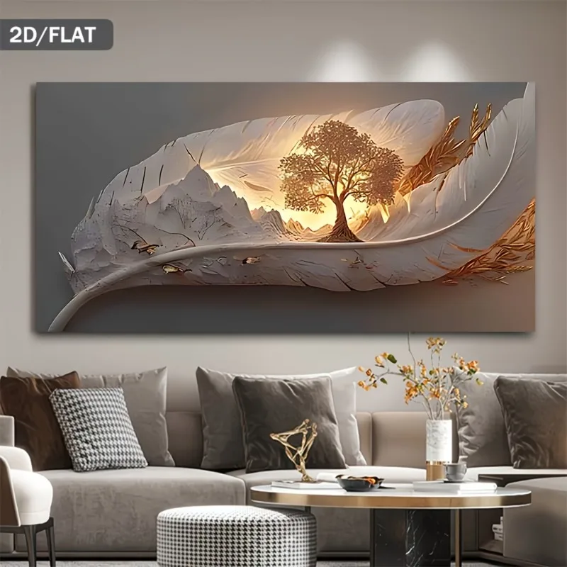 

2D/Flat Large Modern Frameless Canvas Golden Feather and Life Tree Wall Art Poster for Bedroom, Living Room Decor Unframe Design