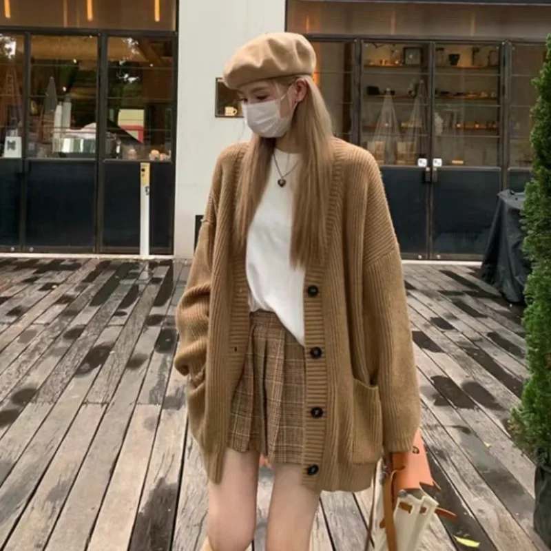 Korean Style Khaki Cardigan Jacket Women Knitted Sweater Autumn Winter New Ins Loose V-neck Long Sleeve Solid