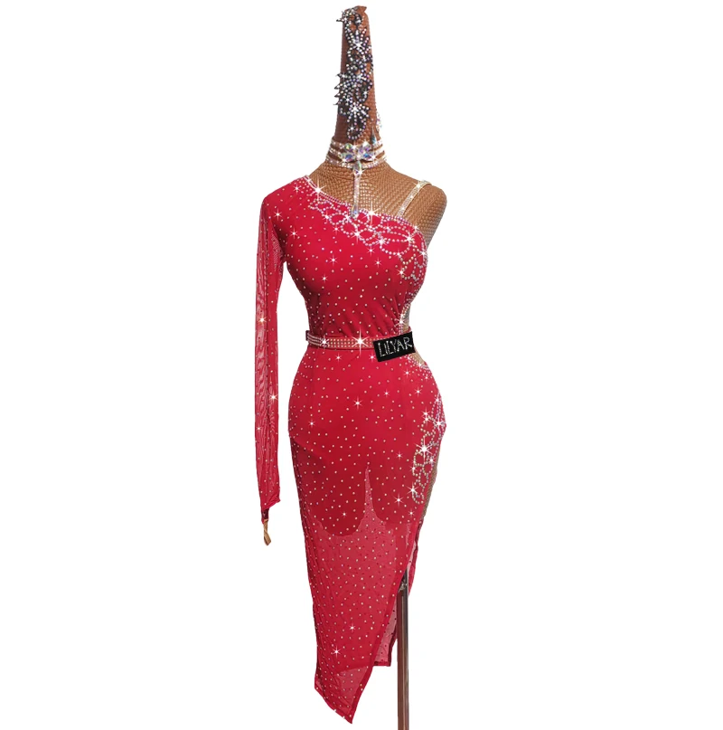 New Latin Dance Competition, Adult Performance  Performance , Rose Red Elastic Mesh waist Dance Skirt