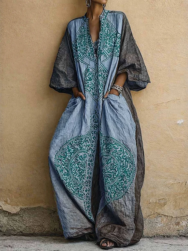 Women's Casual Wide Leg Pocket Bohemian Romper Fashion Ethnic Print Loose Playsuit Elegant V Neck Half Sleeve Vacation Jumpsuit