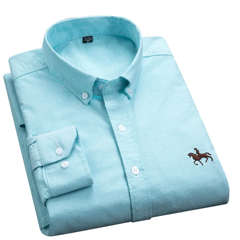 Quality 100% Cotton Oxford Shirts Men Long Sleeve Embroidered Horse Casual Without Pocket Solid Yellow Social Korean Shirt S-6XL