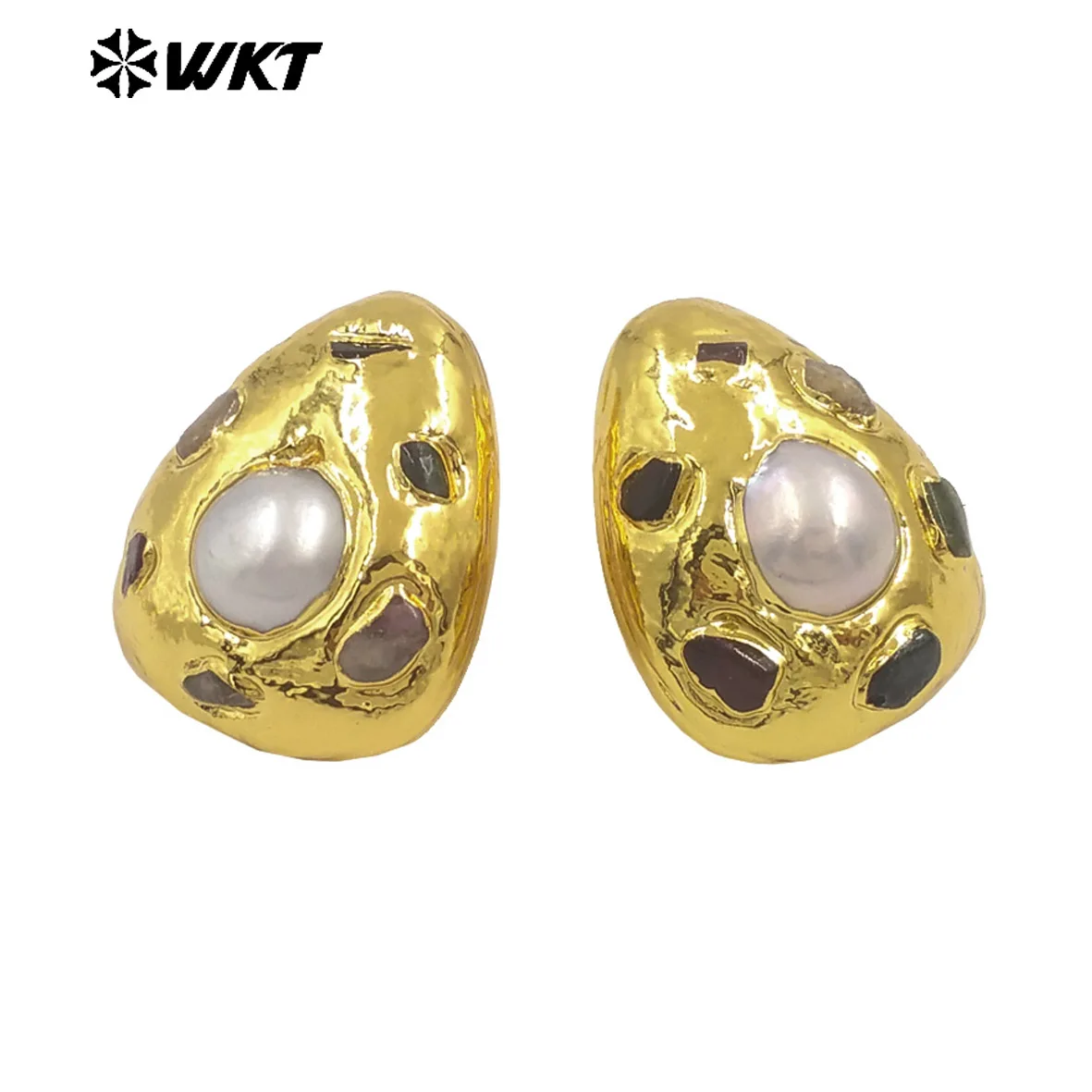 

WT-MPE165 Colored Tourmaline&Shell Paved Water Drop Shape Brass Push Back Big Earring For Cocktail Party Accessory