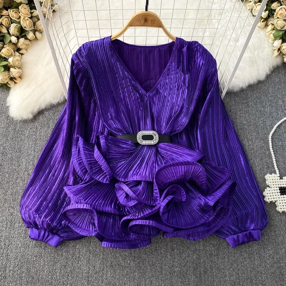 Autumn Women Blouse New Arrival Long Lantern Sleeve Flounced Edge Loose Shirts French Chic Casual Female Tops Dropshipping