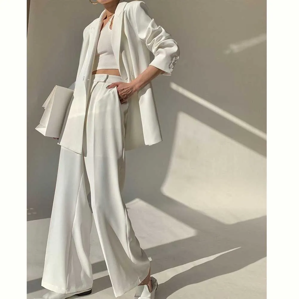 Pretty White Women Suit Single Breasted Notch Lapel 2 Piece Jacket Pants Blazer Set Pretty Offcie Lady Slim Fit Female Clothing