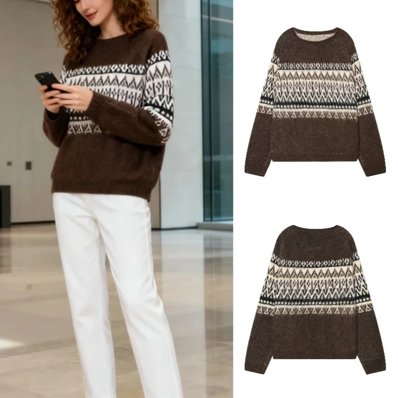 

Осень 2024, модный сексуальный женский цветной жаккардовый вязаный свитер