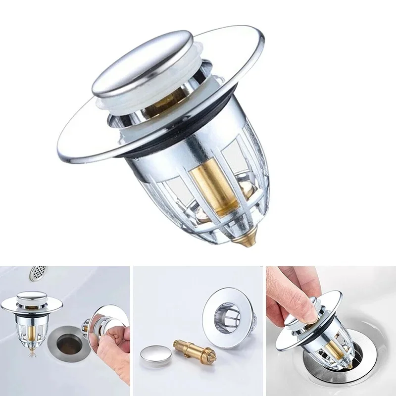 

Bathroom Sink Plug Stopper Press Basin Core Bounce Pop-up Drain Filter Wash Basin Hair Sink Plug Kitchen Bathtub Strainer