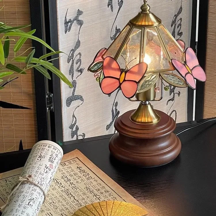 Vintage Butterfly Pattern Glass Table Lamp, French Romantic Bedside Light, Ambient Decor Lamp for Home Bedroom Desktop