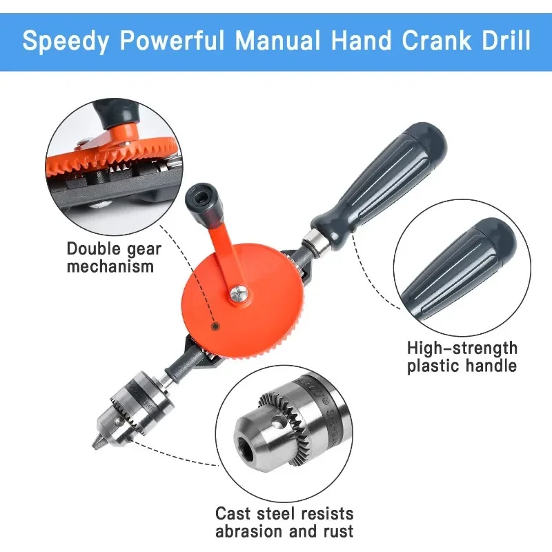 1/4 Inch Hand Drill Powerful and 3/8 Speedy Manual Hand Drill with Anti Slip Handle and S/S Cast Bits for Wood Plastic Acrylic