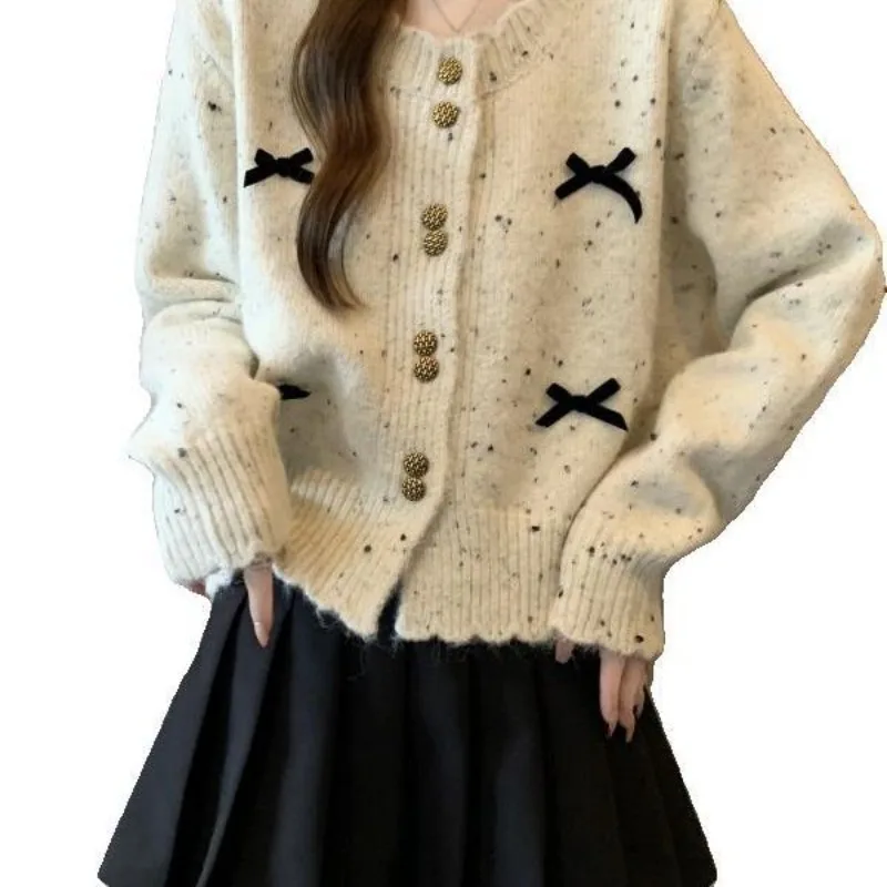 

Women's Fall and Winter New Large Size Age Reduction Loveliness Short Bow Sweater Jacket Korean Chic Color Dot Knitted Cardigan