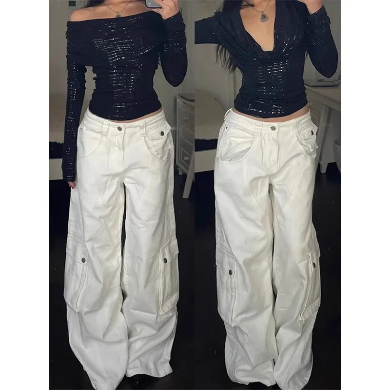 Design Sense Niche White Denim Cargo Pants Women Lazy Style Spring Autumn New American Loose Wide Leg Long Pants