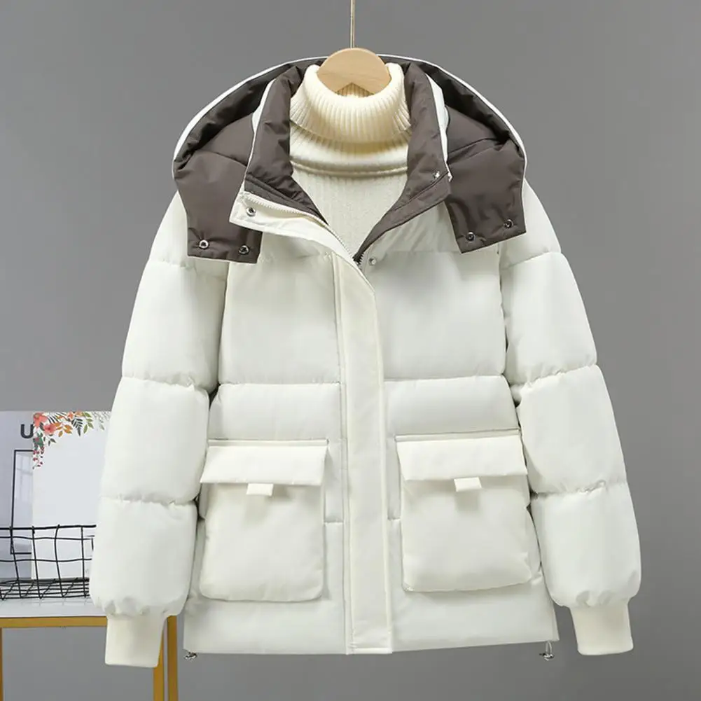 Women Korean Cotton Parkas Hooded Winter Down Coat Padded Hooded Stand Collar Pockets Zip-up Parka Windproof Cotton Jacket