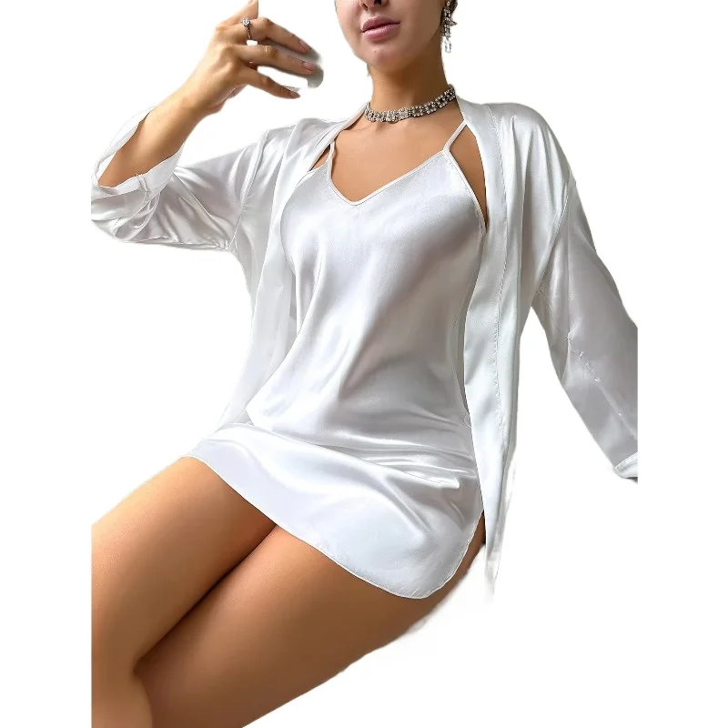 Women's Satin Pajama Set Cozy Robe with Sexy Skirt Two-Piece Light Pajama Set