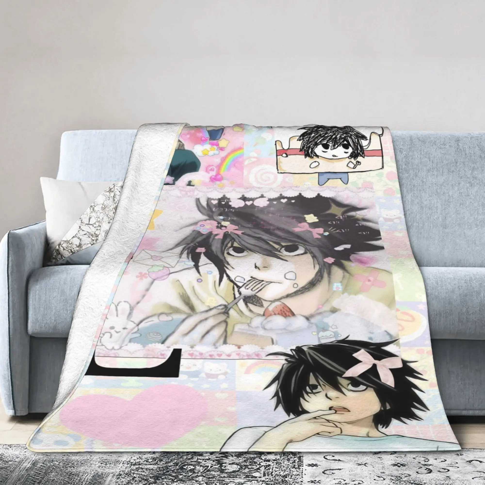 L Lawliet Knitted Blanket Deathnotes Anime Fuzzy Throw Blanket Bedroom Sofa Decoration Ultra-Soft Warm Bedspreads