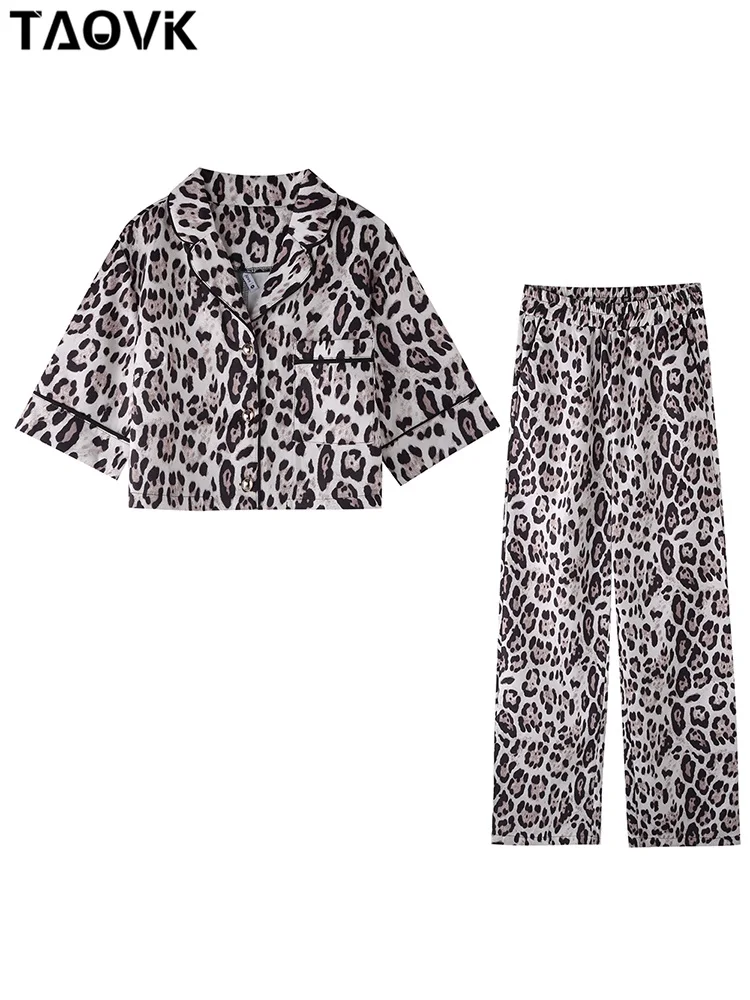 TAOVK Women’s Pants Suits Sexy Leopard V-neck Short Sleeve Mini Tops Shirts +Wide Leg Trousers 2 Pieces Sets Outwears