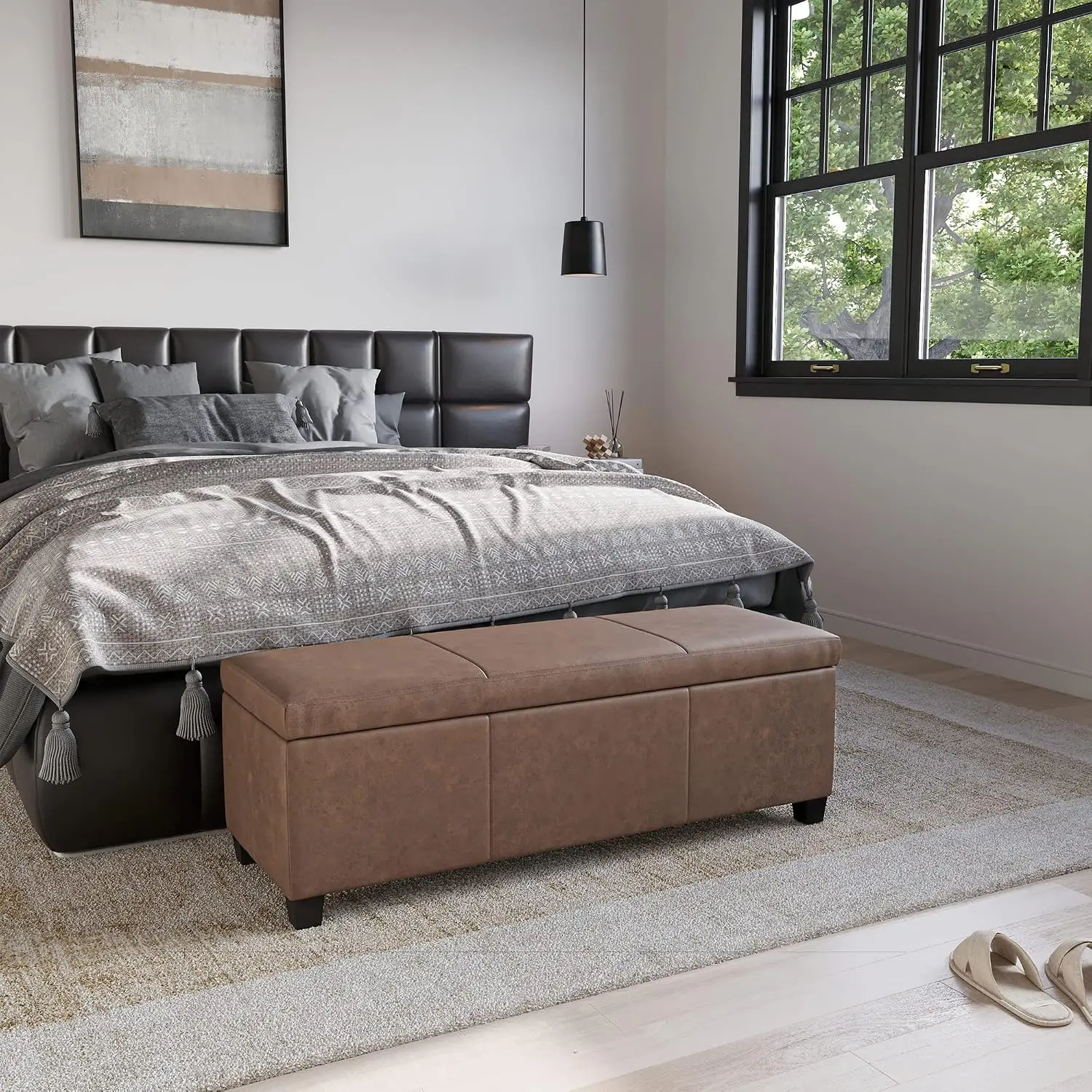 Faux Leather Storage Ottoman Bench 47in Safety Hinge Bedroom Living Room Entryway Foot Rest 300lbs, Customized