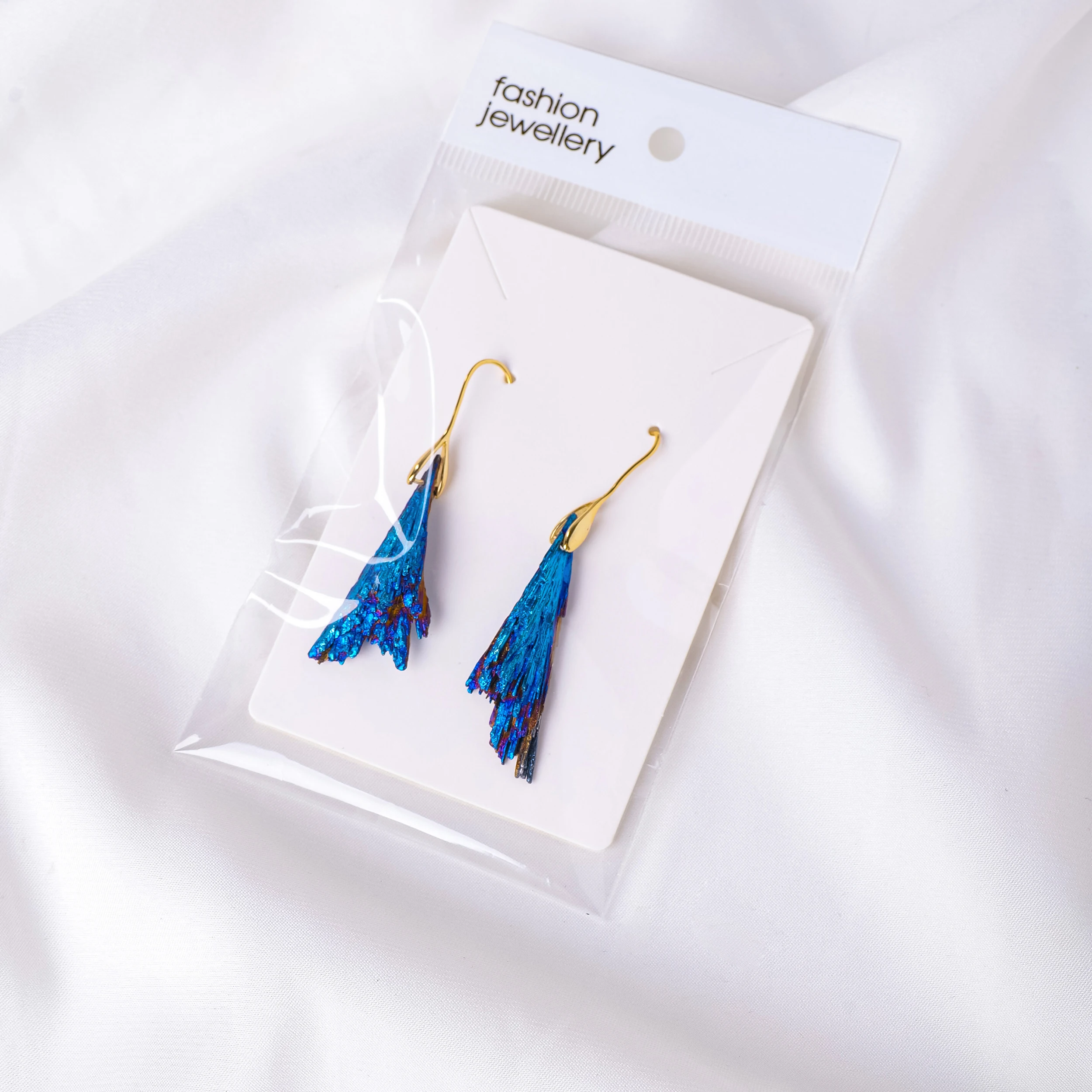 1pair Natural Crystal Aura Black Tourmaline Blue Feather Original Stone Earrings Tourmaline Peacock Feather EEar Hook Jewelry