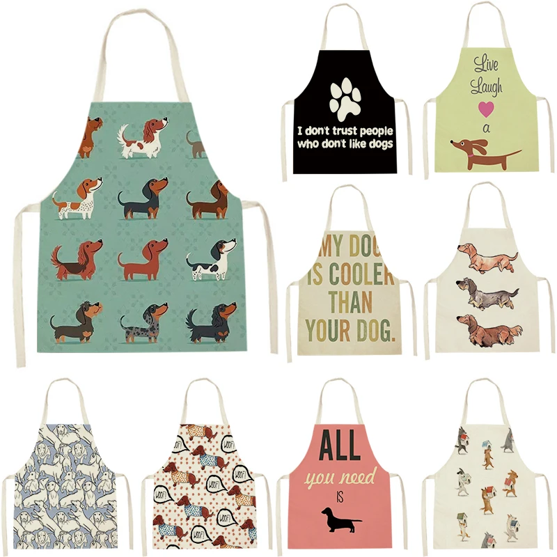 Cute Dog Graphic Print Women Kitchen Apron Kids Linen Bib Home Cleaning   Waterproof Chef Cooking Baking Accessories