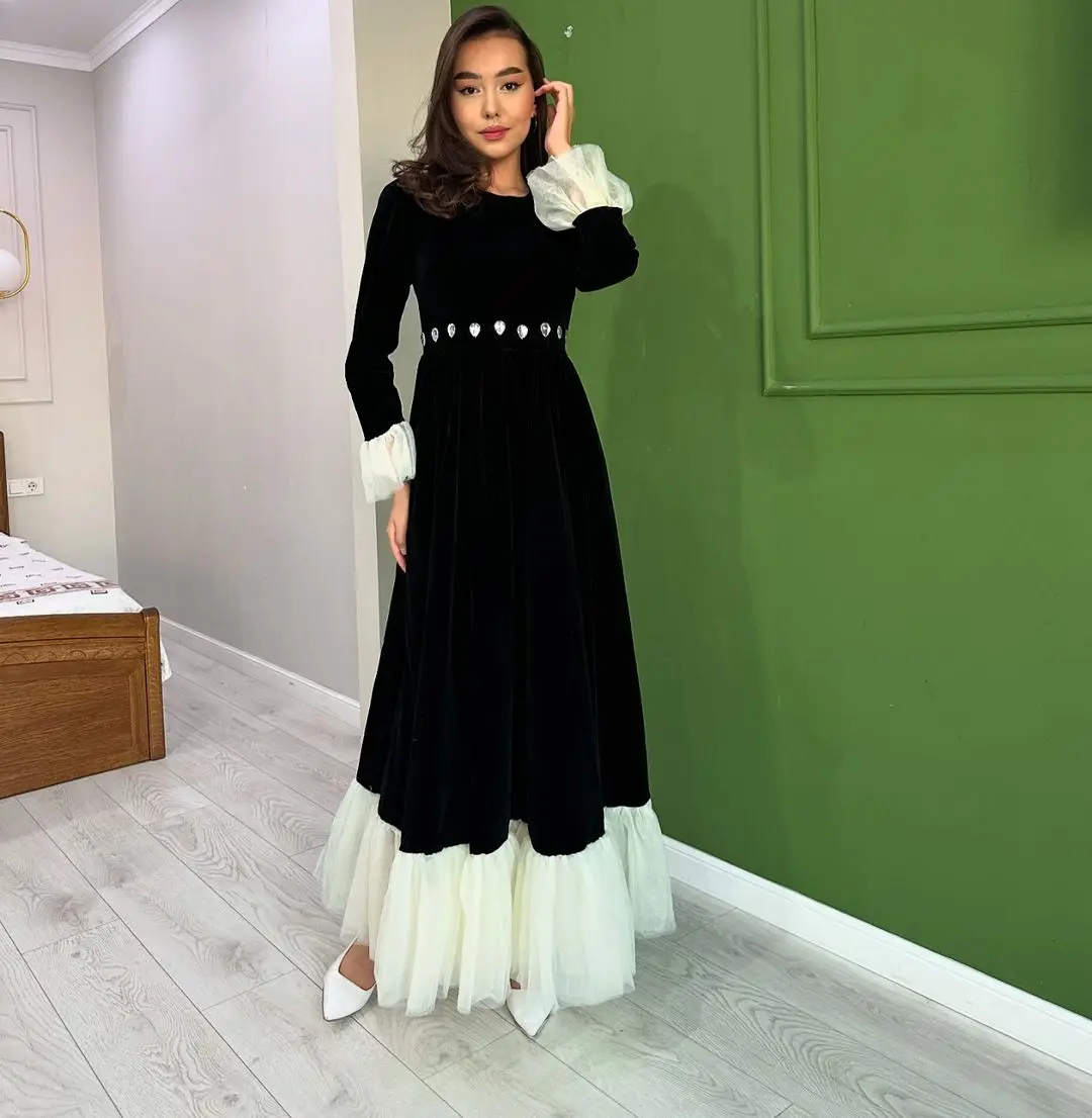 

Customized Elegant Long Sleeves Prom Dresses O-Neck Pleated Beadings Floor Length Party Dresses Evening Dresses