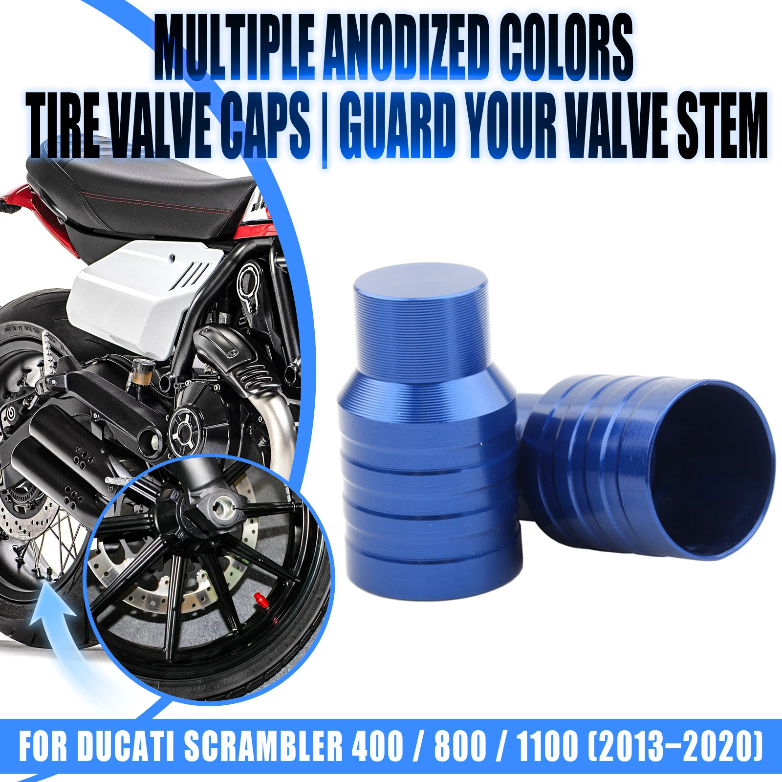 Motorcycle Valve Cover - ドゥカティ・スクランブラー400/800/1100（2013年、2014年、2015年、2016年～2020年式）用、汎用タイヤバルブキャップ、ホイールステムカバー、2個1セット。