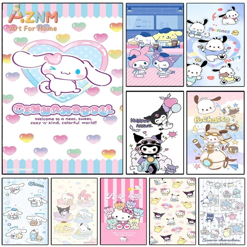 Cinnamoroll Kuromi Pochacco Canvas Poster Cute Sanrio Cartoon Print Unframed Canvas Art Rainbow Heart Sweet Kawaii Aesthetic Wal